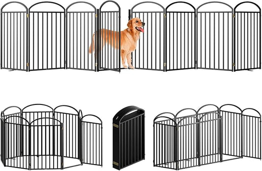 8 Panles Full Matel Freestanding Dog Gates with Door, 192"Extra Wide 36"Tall Free Standing Dog Pet Gate for Indoor & Outdoor. Foldable Pet Fences for Doorways, House, Stairs, Porch, Deck, Yard-PawvioPets