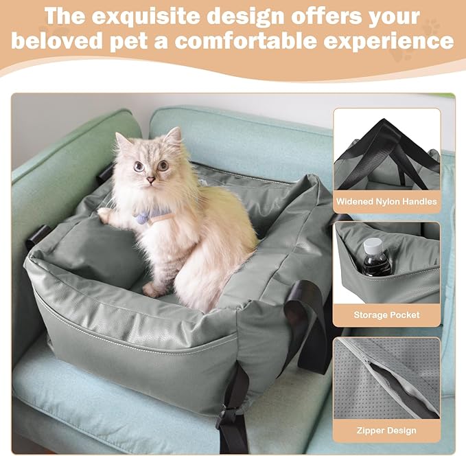 Dog Car Seat for Small Dogs, Large Leather Dog Car Bed with Storage Pocket, Waterproof PVC Leather Booster Seat Travel Bed for Front & Back Seat, Clip-On Safety Leash (Grey)-PawvioPets