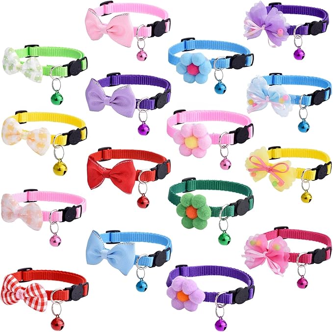 16 PCS Cute Cat Collar with Bells Kitten Collars for Girls Pink Cat Collar Breakaway Cat Collars for Girl Cats Small Kitten Collar with Bell Boy Pet Collar for Cats Kitten Supplies Flower Cat Collar-PawvioPets