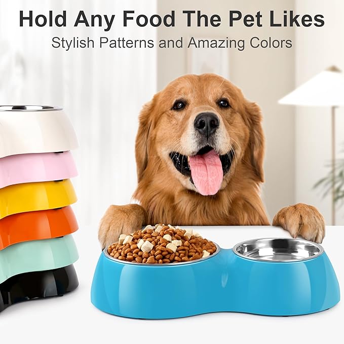 Elevated Dog Bowls Set - Non-Slip Raised Pet Feeder with Medium (2 Cups) & Large (4 Cups) Stainless Steel Bowls - Includes Durable Resin Stand for Puppies, Adult Dogs & Cats - Blue-PawvioPets