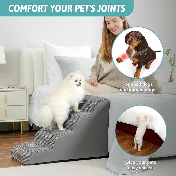 Dog Stairs for Small Dogs 19.7" H, Curved Dog Step for Puppy, Older or Cat, Medium Pet Ramp for Sofa, Couch or Bed, Ladder with High Density Foam, 15.7x28.3x19.7 inch, 4 Step, Light Grey-PawvioPets