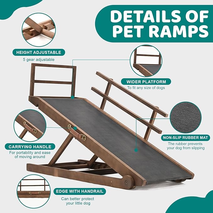 Dog Ramp for Bed, Adjustable Pet Ramps for Dog to Get on Bed, Non-Slip Rubber Surface - Folding Wooden Dog Ramp for Small/Large/Old Dogs, Adjustable up to 23.5 inch High Beds, Safety Railings-PawvioPets