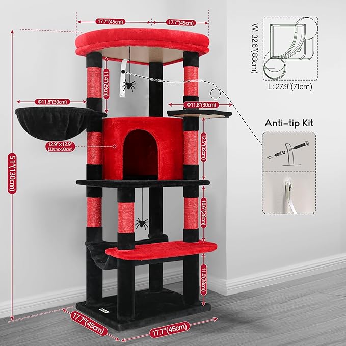 Globlazer Gothic Corner Cat Tree Tower with Scratching Post for Indoor Cats, 51inch Goth Cat Condo Tower with Large Hammock, Fan-Shaped Padded Perch, Spacious Cat Cave, Hanging Basket, C51, Red Black-PawvioPets