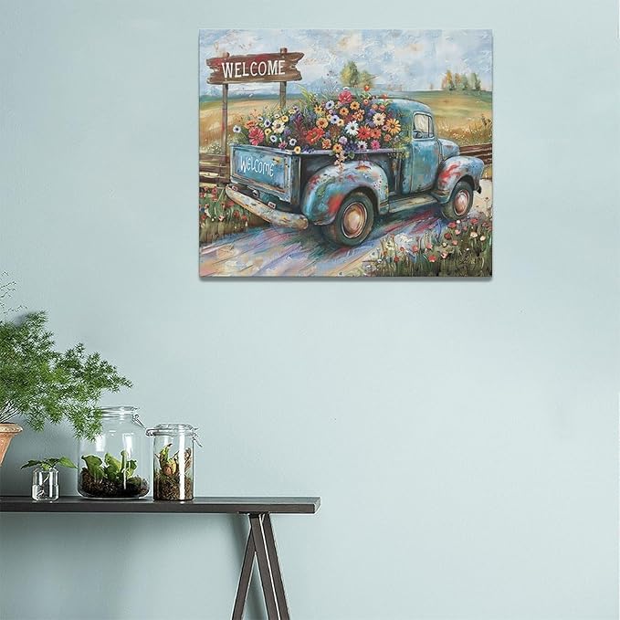 Farmhouse Truck Wall Art Rustic Country Wildflowers Wall Decor Road Flowers Landscape Pictures Canvas Print Painting Artwork for Bathroom Living Room Bedroom 20"x24"-PawvioPets