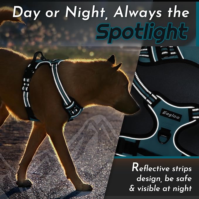 Eagloo Dog Harness Medium Sized Dog, No Pull Service Vest with Reflective Strips and Control Handle, Adjustable and Comfortable for Easy Walking, No Choke Pet Harness with 2 Metal Rings, Dark Green, M-PawvioPets