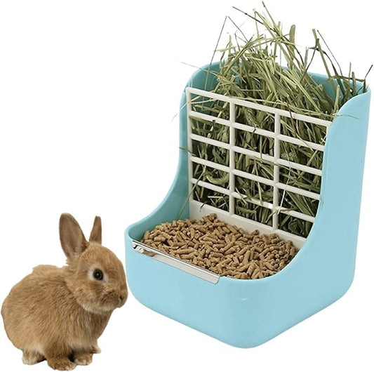 2 in 1 Food Hay Feeder for Guinea Pig, Rabbit Feeder, Indoor Hay Feeder for Guinea Pig, Rabbit, Chinchilla, Feed Bowls Use for Grass & Food (Blue)-PawvioPets