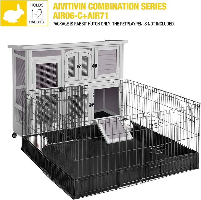 Aivituvin 47" Two Story Rabbit Hutch Bunny Cage with Wheels, Indoor Outdoor Guinea Pig Cage with 2 Deep No Leak Tray-PawvioPets