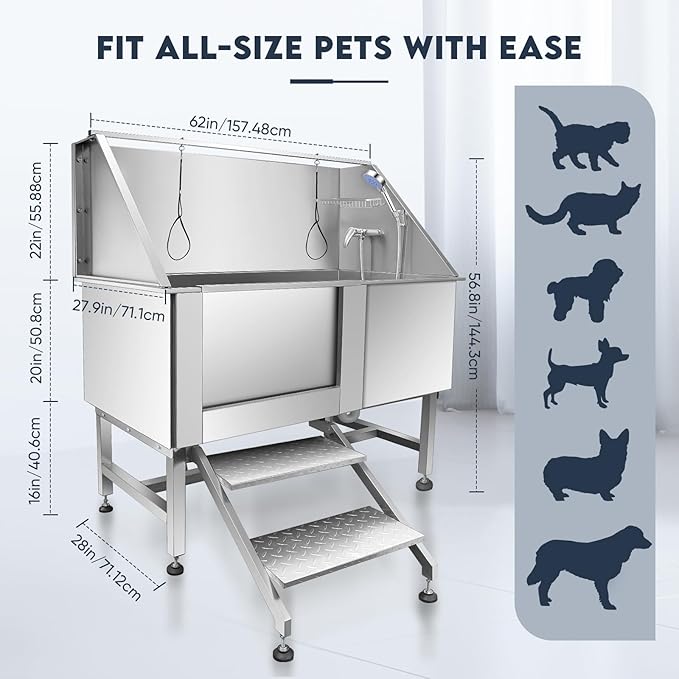Dog Bathtub XL Professional 62inch Dog Washing Station Stainless Steel Pet Grooming Tub for Extra Large Dogs Wash Tub, Medium, Small Dogs Cats with Left Sliding Doors, Steps, Right Faucets-PawvioPets