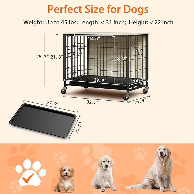 Dog Crate Furniture, 32.5" Wooden Dog Crate Furniture Side End Table, Indoor Kennel with Double Doors, Dog Crates for Medium Dogs, Grey-PawvioPets
