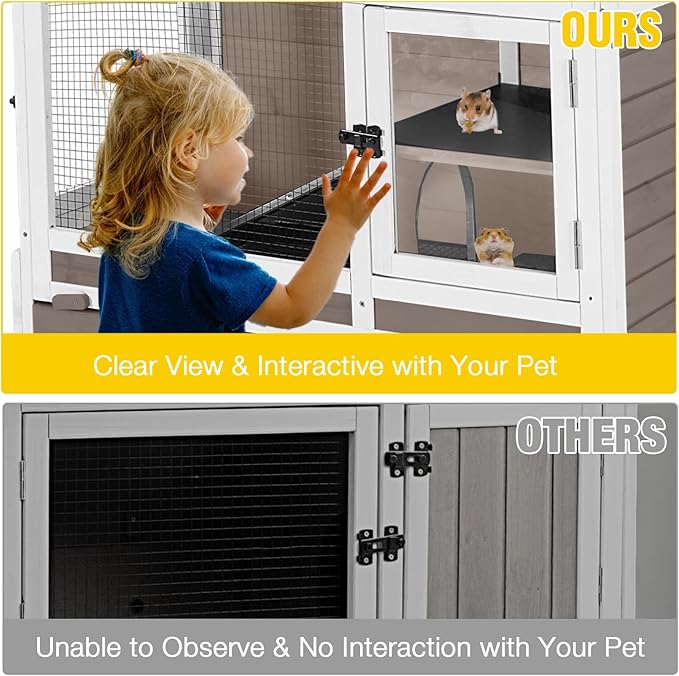 AIVITUVIN Wooden Guinea Pig Cage Indoor with Cooling Plate and Anti-Chewing Edges Two-Story Rabbit Hutch Pull Out Tray Outdoor Rabbit Cage with Raised Stand and Wire Mesh Small Animals Cage (Brown-PawvioPets