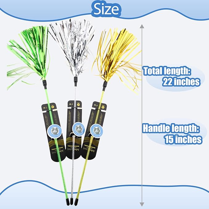 ADUCK Interactive Cat Teaser Wand Toy with Tassels - Durable Cat Chaser for Indoor Kitten Exercise, Boredom Relief & Training Play, Pack of 3 (Gold, Silver, Green)-PawvioPets