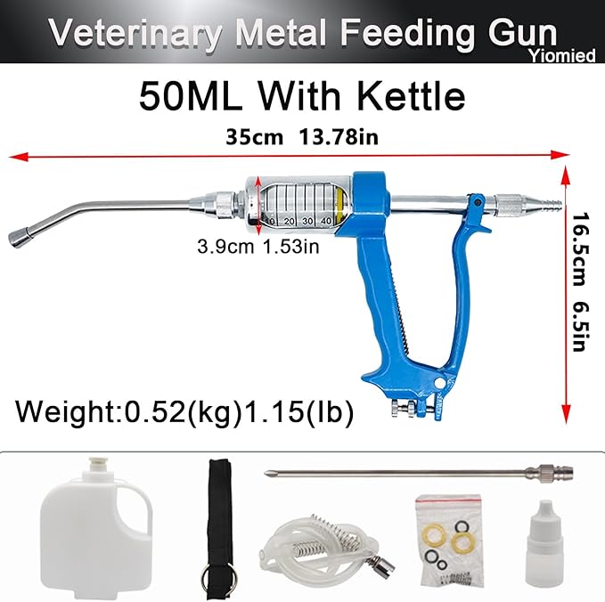 50ML Veterinary Metal Feeding Gun, Continuous Drench Gun Dosing Device Veterinary Adjustable Medicine Dispenser Husbandry Autonomous Feeding Tool, for Pig Cow, Sheep, Horse (Blue, 50ML+Kettle)-PawvioPets