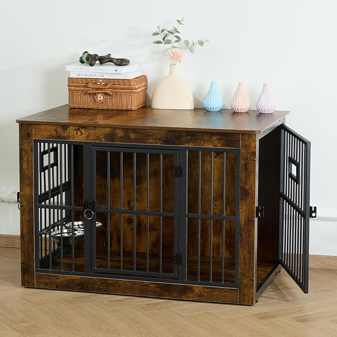 Gardner Pet Dog Crate Furniture for Medium Dogs, 38.8 Inch Dog Kennel Indoor, Wooden Dog Cage End Table with 2 Removable Bowls, Heavy Duty Dog Crate, Rustic Brown-PawvioPets