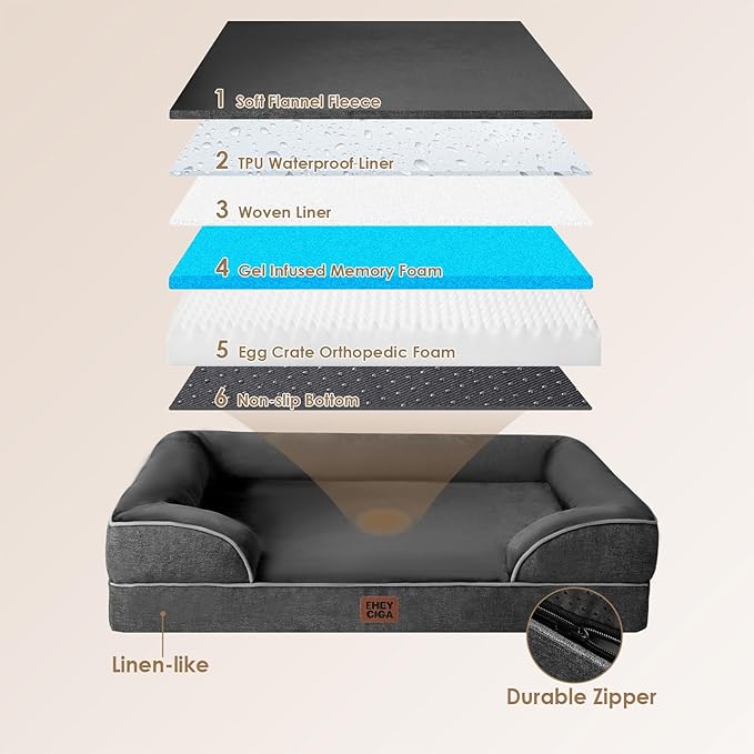 EHEYCIGA Orthopedic XL Dog Beds, Waterproof Memory Foam Dog Bed for Extra Large Dogs, Non-Slip Bottom and Egg-Crate Foam Big Pet Couch Bed with Washable Removable Cover, Dark Grey-PawvioPets
