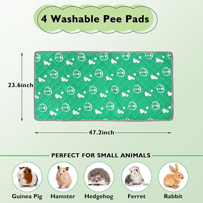 4 Pack Guinea Pig Bedding - Washable Guinea Pig Liners for Midwest Cage, Waterproof Reusable Pee Pads Super Absorbent Mats for Small Animals Pet Rabbit Bunny Hamster Rat (Green, 48 x 24 Inch)-PawvioPets