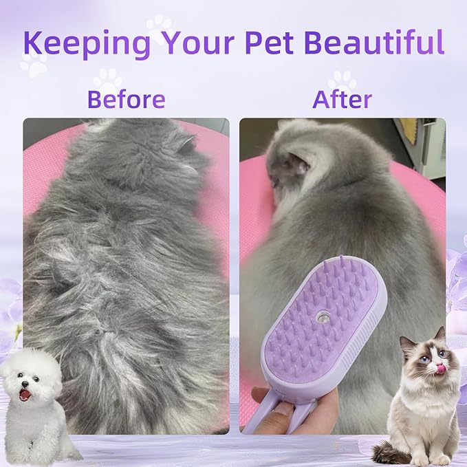 4-in-1 Rechargeable Anti-Dandruff Pet Steam Brush — brush for sheddingCats & Dogs,pet hair removal tool. Integrating functions of massage,clean, hair grooming and anti-static (purple)-PawvioPets