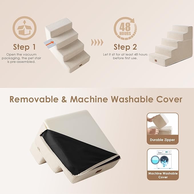 EHEYCIGA Dog Stairs for High Bed 22.5" H, 5-Step Dog Steps for Bed, Pet Steps for Small Dogs and Cats, Non-Slip Balanced Pet Ramp Indoor, Beige-PawvioPets