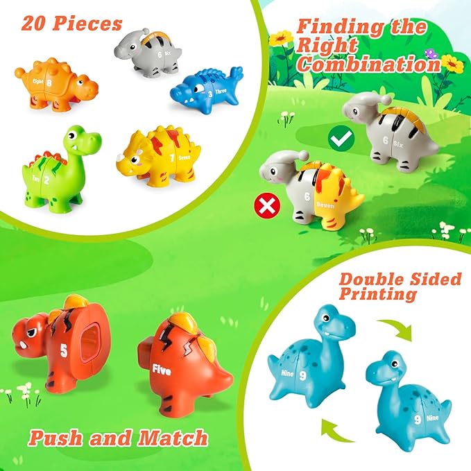 20 PCS Dinosaur Number Learning Toys for Toddlers Kids 3-5, 10 Different Dinosaur Figures, Double Sided Number Matching Game, Preschool Activities Montessori Fine Motor Toys for Toddlers Kids-PawvioPets