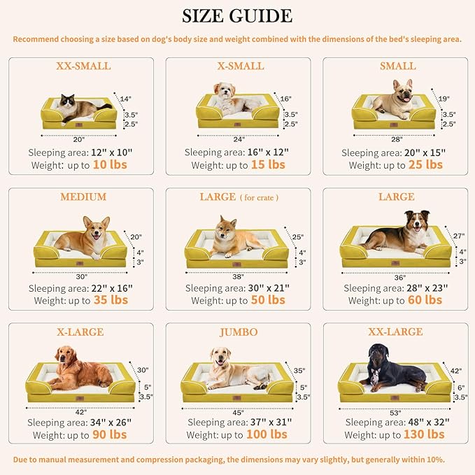 Comfort Expression Medium Dog Beds Waterproof Orthopedic Foam Dog Sofa Beds for Medium Large Dogs Comfy Pet Bed with Washable Removable Cover & Non-Slip Bottom(Medium,Spicy Mustard)-PawvioPets