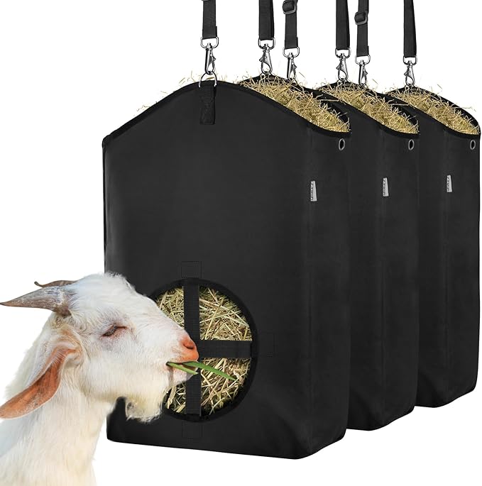 3 Packs Goat Hay Feeder,Hay Bags for Goats,Horses,Sheep,Premium 600D Oxford Cloth,with Metal Fastener and Adjustable Open Feed Hole for Slow Feeding. (3 Black)-PawvioPets