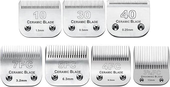7Pack 10 Blades Dog Grooming Replacement Blades Compatible with Andis Pet Clipper/Oster A5/Wahl KM Series Dog Clipper,Ceramic Blade & Stainless Steel Blade (#10+30+40+3FC+4FC+5FC+7FC)-PawvioPets