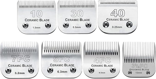 7Pack 10 Blades Dog Grooming Replacement Blades Compatible with Andis Pet Clipper/Oster A5/Wahl KM Series Dog Clipper,Ceramic Blade & Stainless Steel Blade (#10+30+40+3FC+4FC+5FC+7FC)-PawvioPets