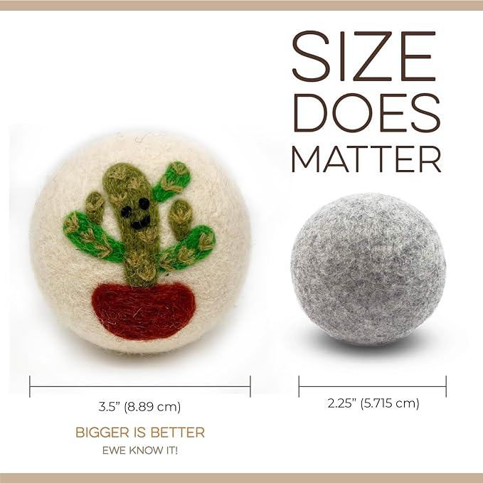 Fluff Ewes Wool Dryer Balls 6 Pack Premium New Zealand Wool Laundry Balls for Dryer, No Static Dryer Balls Laundry Reusable, XL Wool Dryer Balls Cute, Baby Dryer Balls for Dryers - Kiss My Cactus-PawvioPets