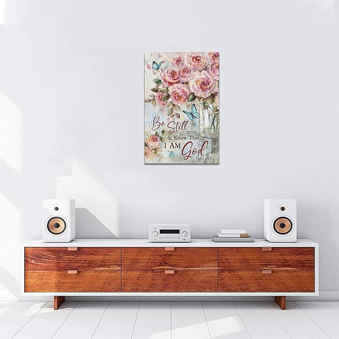 Farmhouse Rose Wall Art Christian Scripture Pictures Pink Rose Wall Decor Rustic Floral Butterfly Canvas Print Painting Artwork for Bathroom Living Room Bedroom 16"x24"-PawvioPets