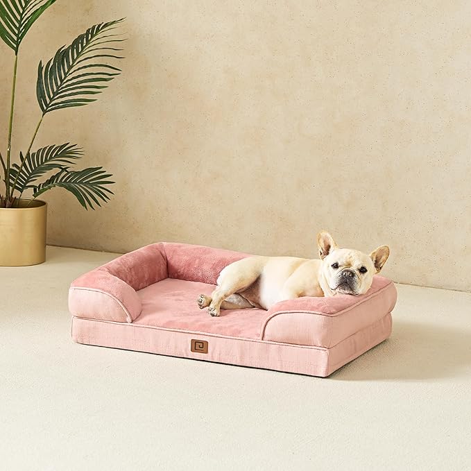 EHEYCIGA Orthopedic Dog Beds for Large Dogs, Waterproof Memory Foam Large Dog Bed with Sides, Non-Slip Bottom and Egg-Crate Foam Pet Couch Bed with Washable Removable Cover, Dusty Pink-PawvioPets