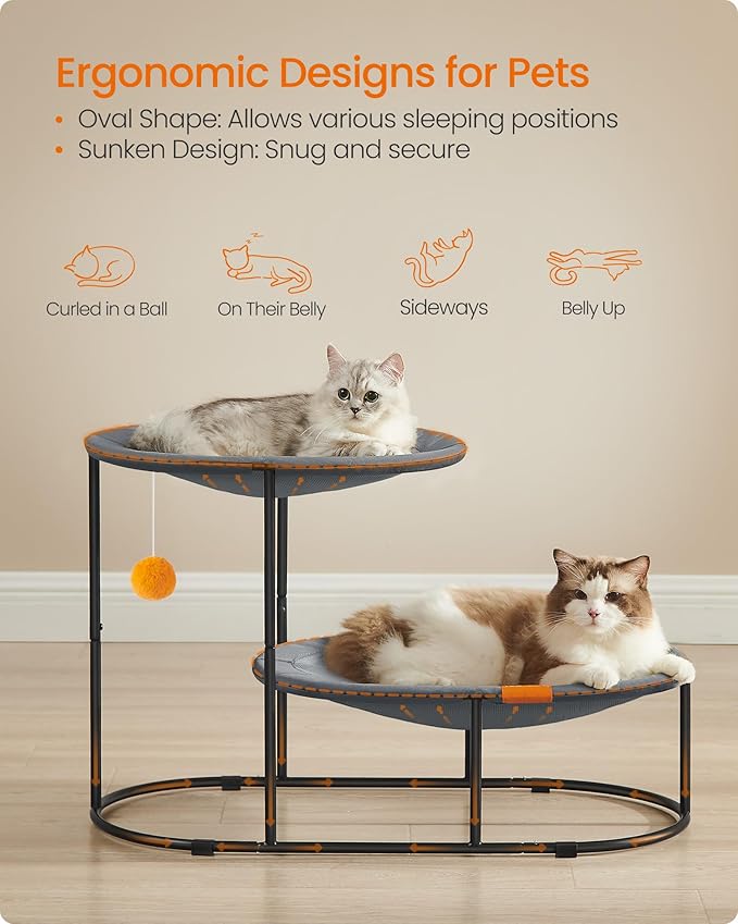 Feandrea 2-Tier Elevated Cat Hammock Bed, Breathable Furniture for Multi-Cat Households Indoor and Outdoor, with Removable Washable Mesh, Steel Frame, for Summer, Dove Gray UPCB012G01-PawvioPets