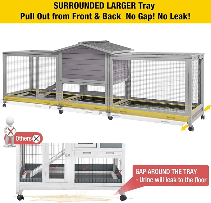 Aivituvin Rabbit Hutch Large 2-Story Bunny Cage Indoor Outdoor on Wheels Bunny House with Run,Pull-Out Tray-PawvioPets