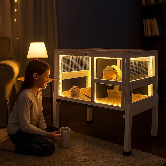 2-Story Guinea Pig Cage with Stand, Indoor Wooden Hamster Cage with Ramp, Pull-Out Tray, Hideout & Platform, Acrylic Transparent Small Animal Habitat for Chinchillas, Ferrets, Hedgehogs,Grey-PawvioPets