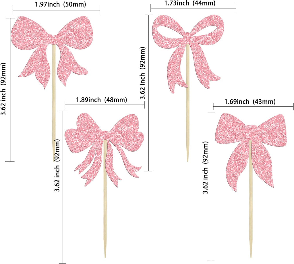 Gyufise 36Pcs Bow Cupcake Toppers Glitter Girls Birthday Decorations Bowknot Cupcake Picks Bow Tie Birthday Decorations Bow Cake Toppers for Bridal Baby Shower Bachelorette Party Supplies Pink