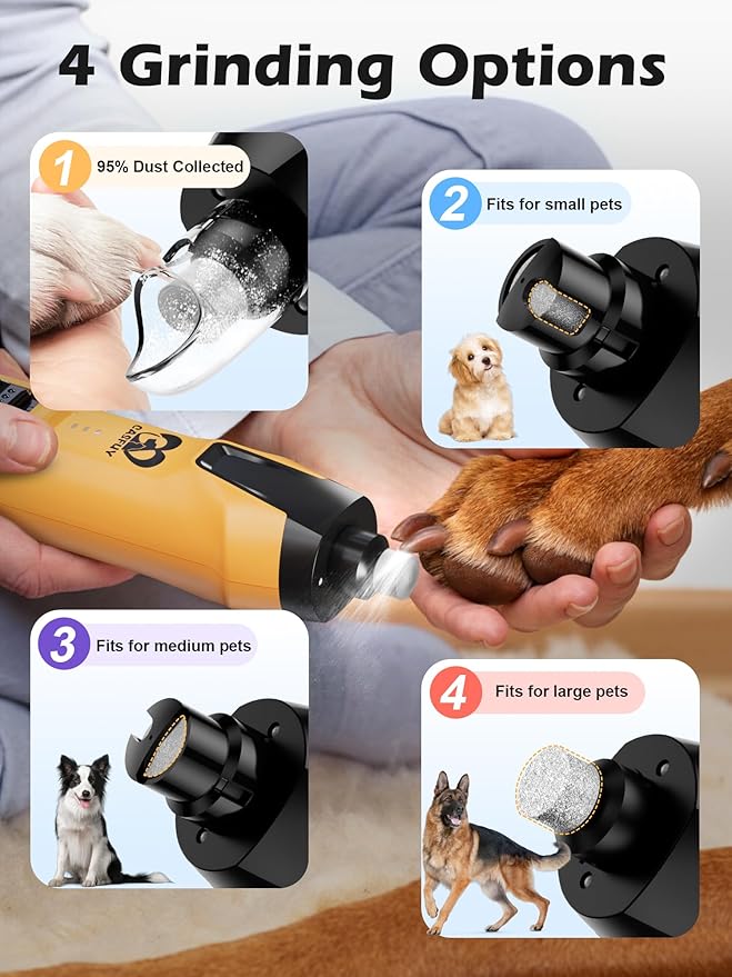 Casfuy 6-Speed Dog Nail Grinder – 50%+ Boost Power Dog Nail Trimmers Quiet with Dust Cap & 2 LED Lights & 2000mAh Battery & 4.8V Motor Electric Pet Toenail File Tool for Large Medium Small Dogs Cats-PawvioPets