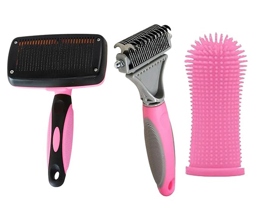 3-in 1 Dog & Cat Grooming Supplies- Self-cleaning Slicker Brush, Deshedding Rake Comb, And Finger Toothbrush For Dogs & Cats | Perfect For Pet Grooming Kit, Dematting And Dental Tool (pink)-PawvioPets