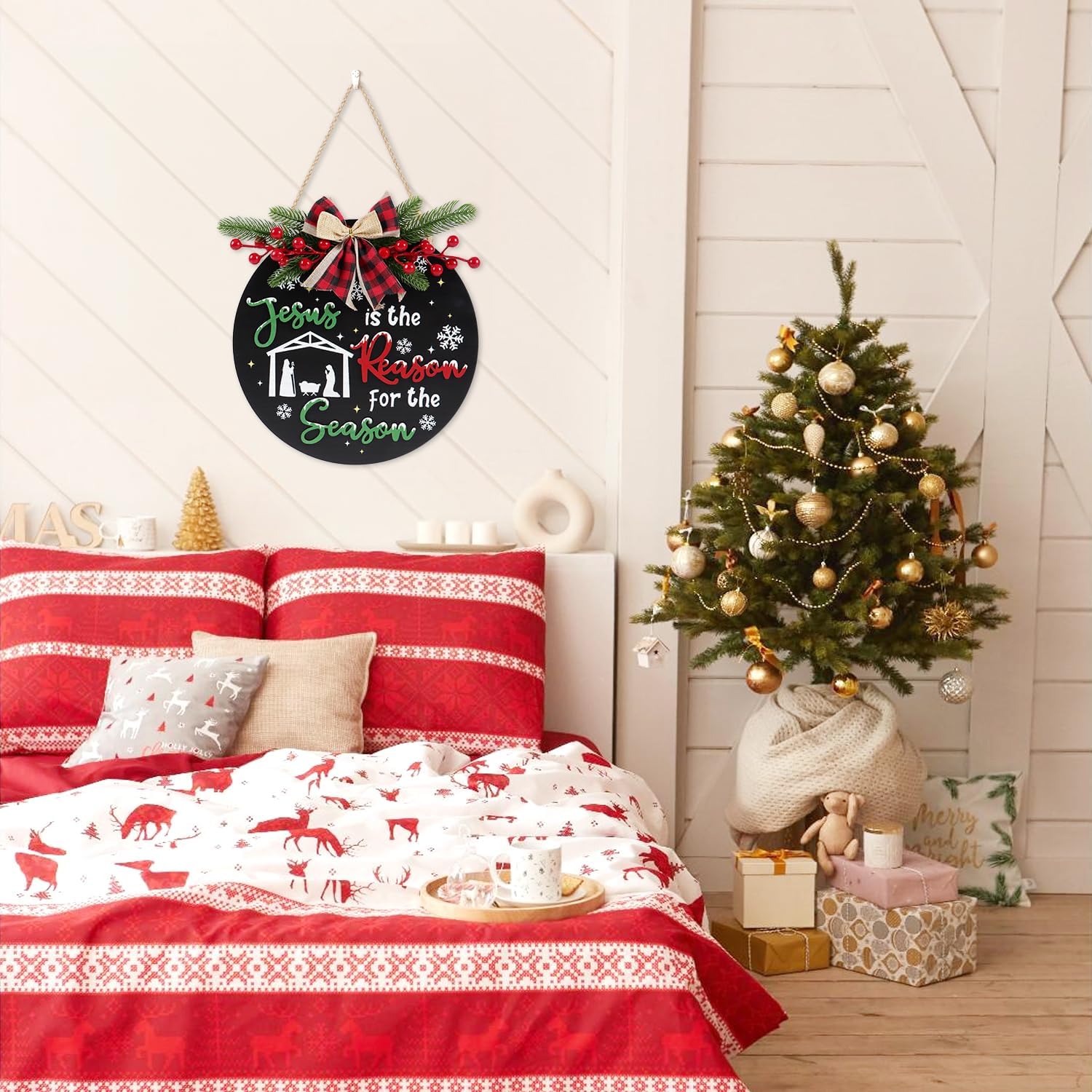 CHDITB Jesus is The Reason for The Season Front Door Sign Wreath(11.4"), Red Green Christmas Decoration Wall Hanging with Snowflakes Bow Berries, Wooden 3D Farmhouse Xmas Decor for Porch Indoor