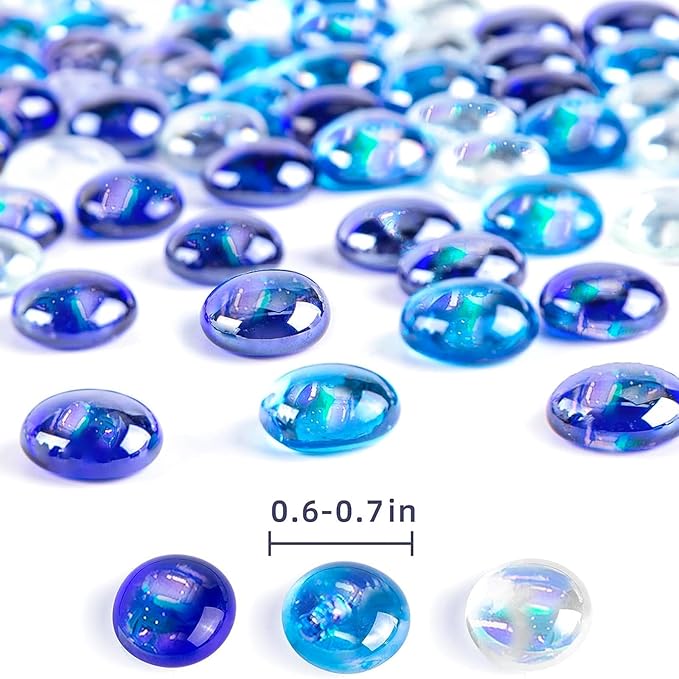 FUTUREPLUSX 1LB Iridescent Flat Glass Marbles, Blue Mixed Glass Beads Vase Fillers Decorative Gem Pebbles Sparkling Floral Fish Tank Rocks for Vases Table Scatter Aquarium Decor DIY Craft-PawvioPets