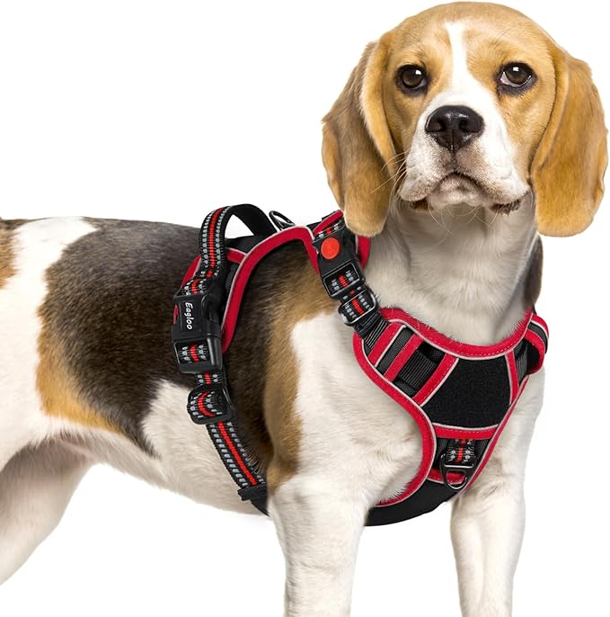 Eagloo Dog Harness Small Sized, Easy Wearing with 3 Buckles, Adjustable No Pull Pet Harness with 2 Rings for Walking, No Chock Reflective Soft Padded Vest with Control Handle, Black & Red, S-PawvioPets