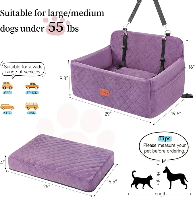 Dog Car Seat for Medium/Large Dogs, Pet Booster Seat for Under 55 lbs or 2 Small Dogs, Detachable & Washable Dog Car Bed for Backseat with 2 Safety Leashes (Purple)-PawvioPets