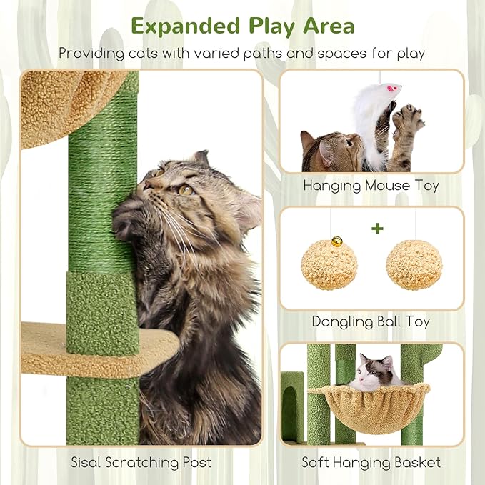 Globlazer Cactus Giant Cat Tree, 83 inch Cat Tree for Indoor Cats Large Adult, XXL Cat Tower with 9 Scratching Posts for 20lb+ Heavy Duty Large Adult Cats, F83, Green-PawvioPets