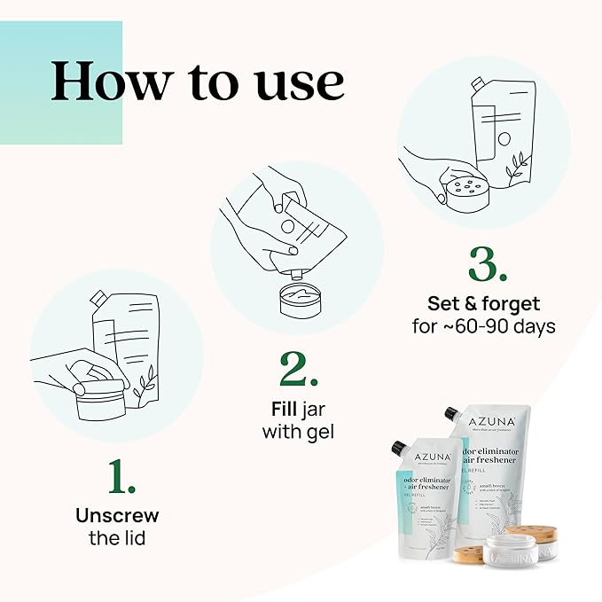 Azuna Air Freshener & Odor Eliminator for Strong Odor | 2 Room Kit Includes (2) 8 oz. Empty Luxe Glass Jars & 12 oz | Refill with Tea Tree Essential Oil Gel | Amalfi Breeze | Last 60-90 Days-PawvioPets
