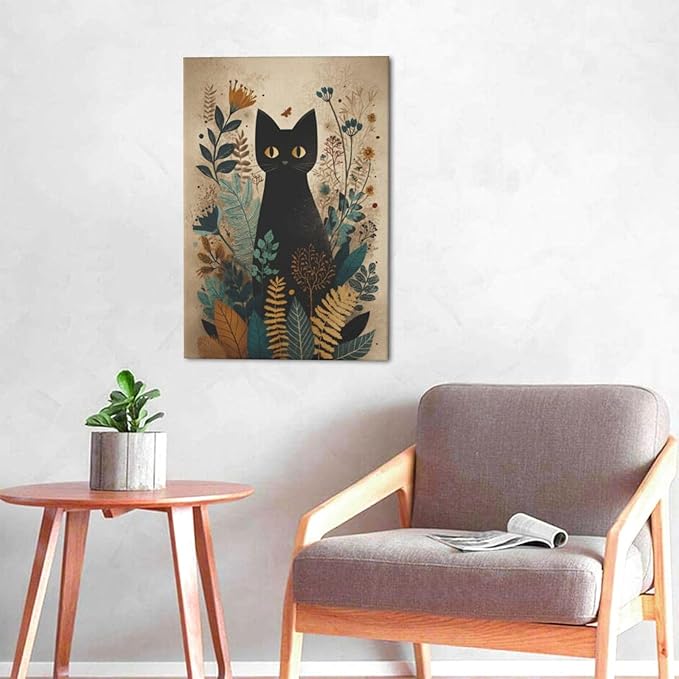 Boho Black Cat Wall Art Kitten Botanical Wall Decor Mid Century Modern Canvas Painting Print Minimalist Pictures Artwork Framed Decorations Gifts for Cat Lover Bathroom Nursery Living Room Bedroom Kitchen 16"x24"-PawvioPets