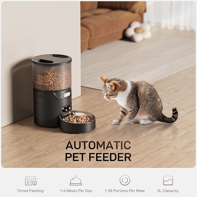 Automatic Cat Feeder: 3L Auto Food Dispenser with Timed Feeding| 6 Meal Programmable& 1-20 Portion Precise Control- Easy to Clean for Cat Indoor| Desiccant Keep Food Fresh with Staiess Bowl-PawvioPets