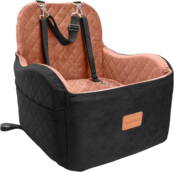 Dog Booster Car Seat for S/M Dogs Up to 35lbs,Soft 6in Elevated Cushion,Fits in Front/Back Seat,Fully Detachable and Washable,2 Storage Pockets & 3 Straps,Easy to Install (Black/Brown,Medium)-PawvioPets