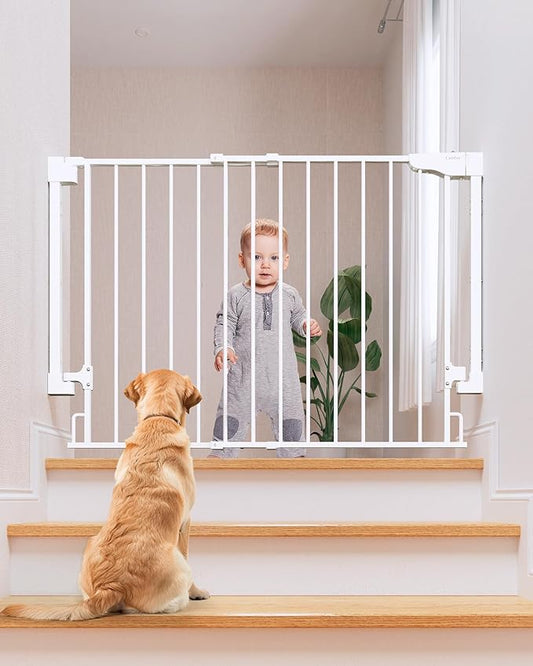 Cumbor 29.2-43" No Bottom Bar Baby Gate for Stairs, 2-in-1 Hardware Mounted Dog Gate Indoor, Auto Close Pet Gate for Doorways with Large Walk Thru Door, Wide Child-Proof Safety Gates for Kids (White)-PawvioPets