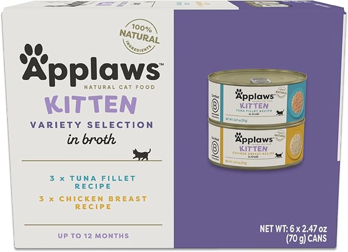 Applaws Natural Wet Kitten Food in Broth, Limited Ingredient, No Additives, Kitten Food Variety Pack in Broth (6 x 2.47oz Cans)-PawvioPets
