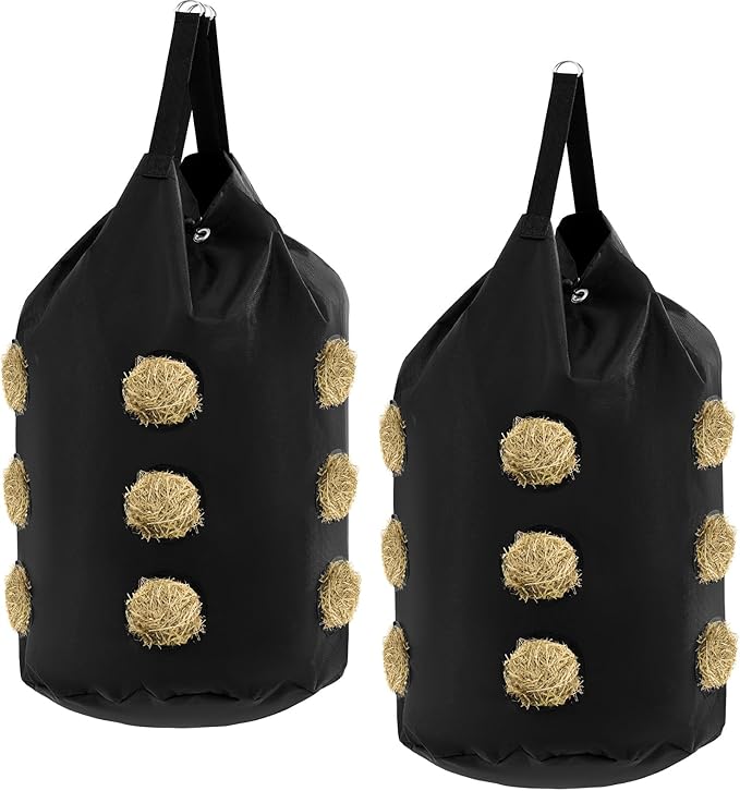 2 Pcs hay Bags for Horses Goats Slow Feed 1680D Oxford Bag Black Large Capacity Net Open Feed Hole Hay Holder for Horse Goats Sheep(15 Holes)-PawvioPets