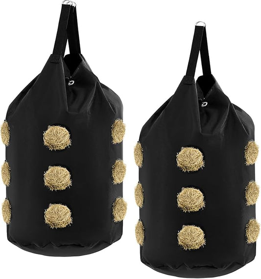 2 Pcs hay Bags for Horses Goats Slow Feed 1680D Oxford Bag Black Large Capacity Net Open Feed Hole Hay Holder for Horse Goats Sheep(15 Holes)-PawvioPets