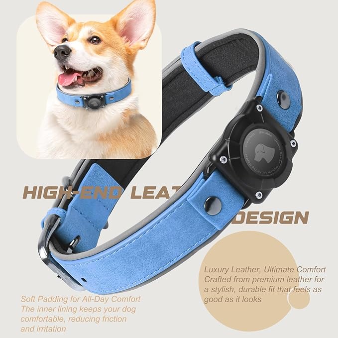 AirTag Dog Collar - Leather Dog Collar with Air Tag Holder | IPX8 Waterproof, Reflective, High - End, Adjustable Soft Padded | Dog GPS Tracker Collars Fit for Medium Large Dogs (Blue, M)-PawvioPets