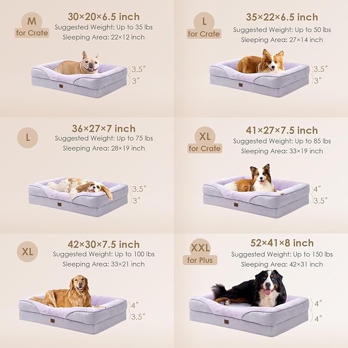 EHEYCIGA Memory Foam Dog Bed for Large Sized, Orthopedic Dog Sofa with Sides and Waterproof Liner, Washable Bolster Pet Couch with Removable Cover, 41x27x7.5 Inch, Purple-PawvioPets